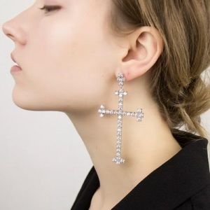 NEW W Concept Silver Crystal Big Cross Drop Earrings